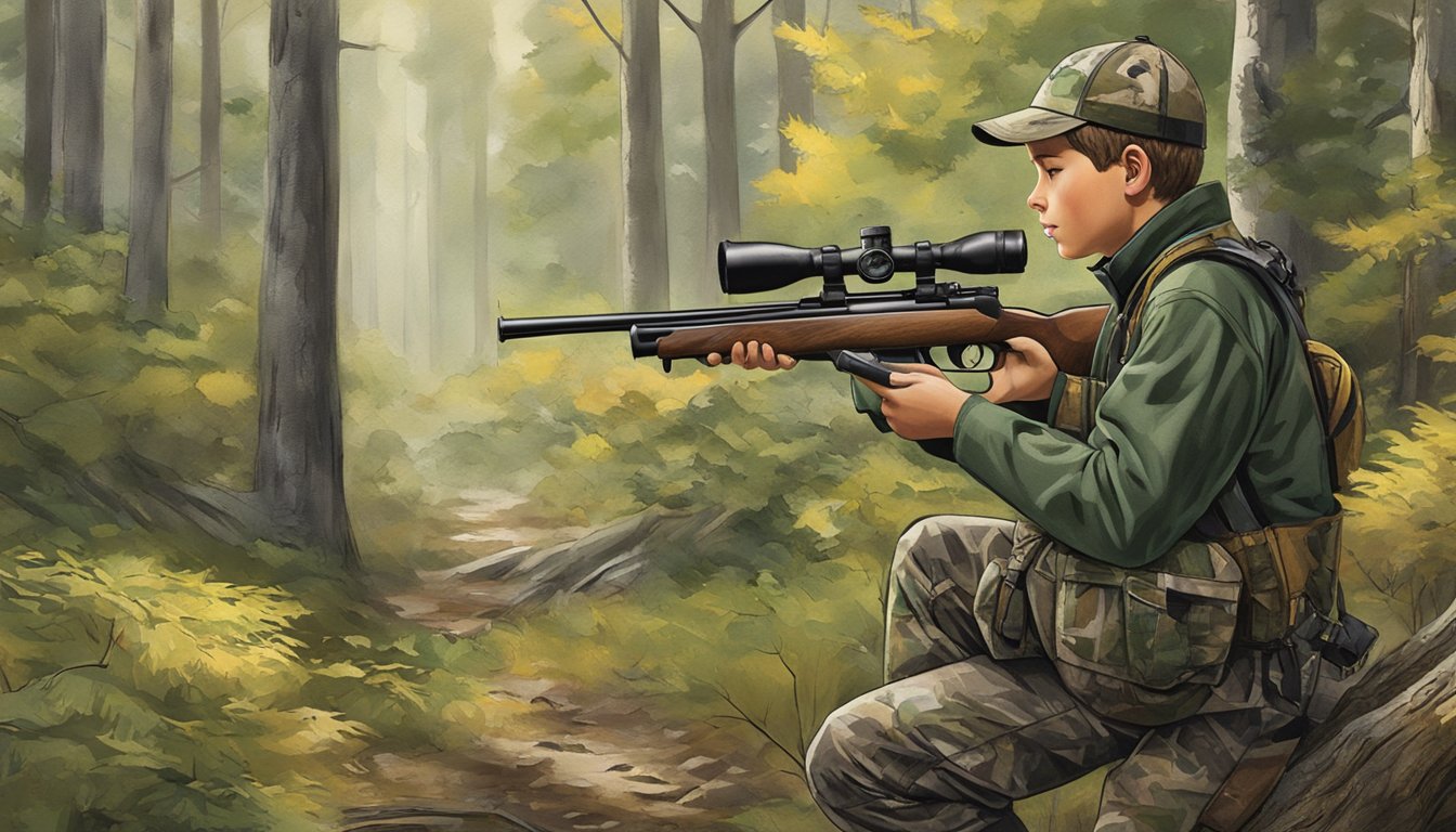 A young hunter wearing Cabela's brand advantage youth hunting clothes in a wooded setting, holding a rifle and scanning the area