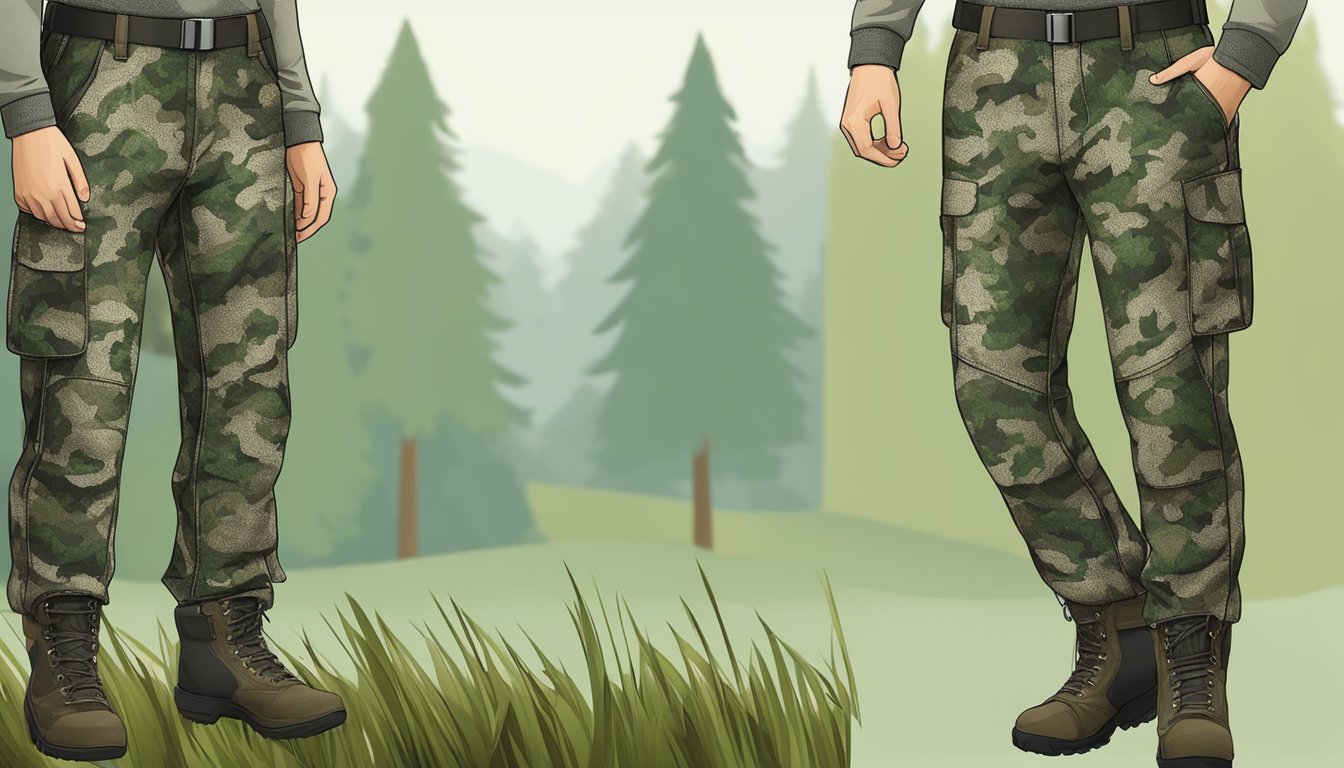 A pair of youth hunting pants in a realistic camouflage pattern, with reinforced knees and multiple pockets, blending seamlessly into a forest setting