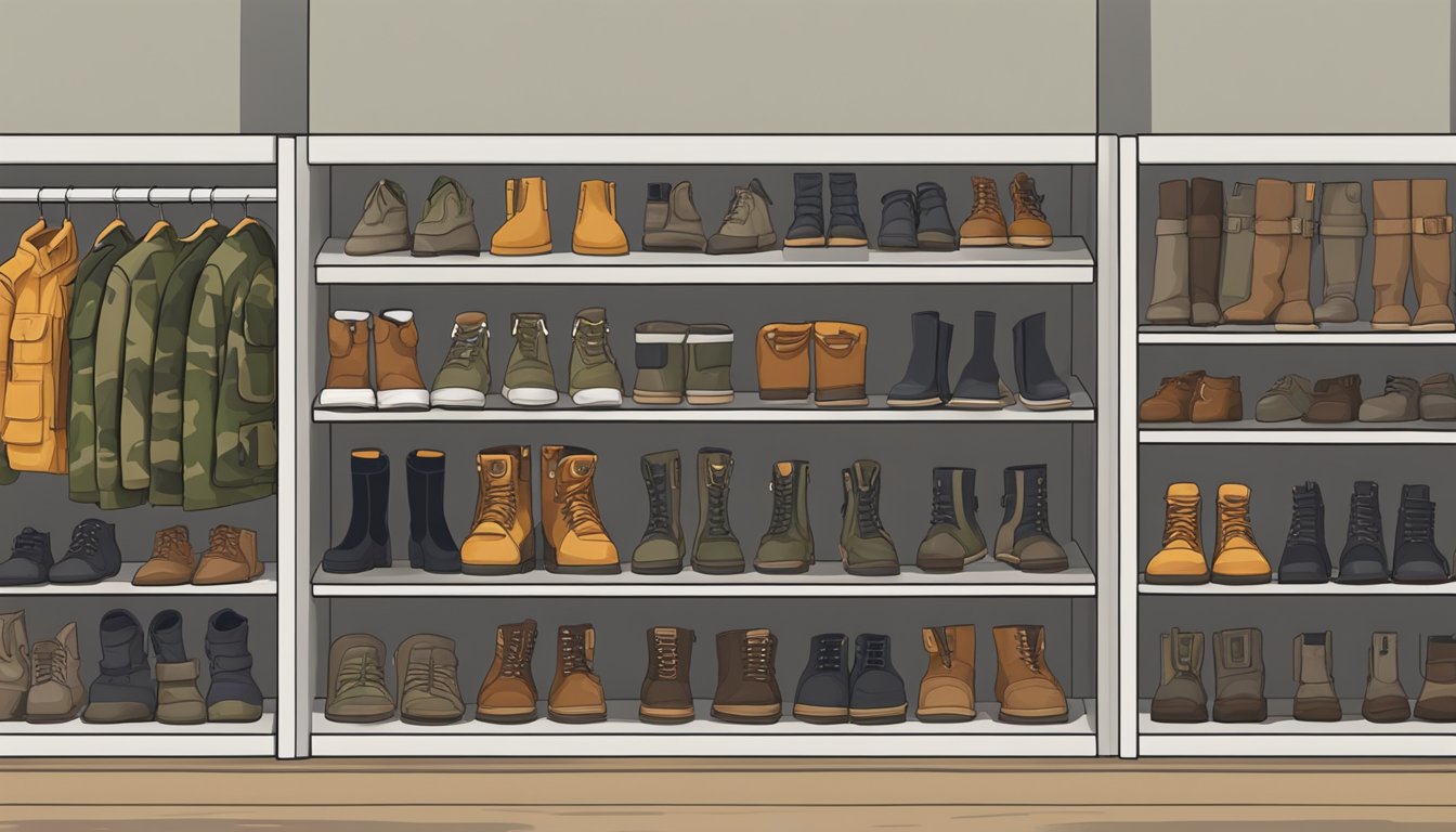 A young hunter's wardrobe: camouflage jackets, pants, and boots neatly arranged on a shelf in a retail store