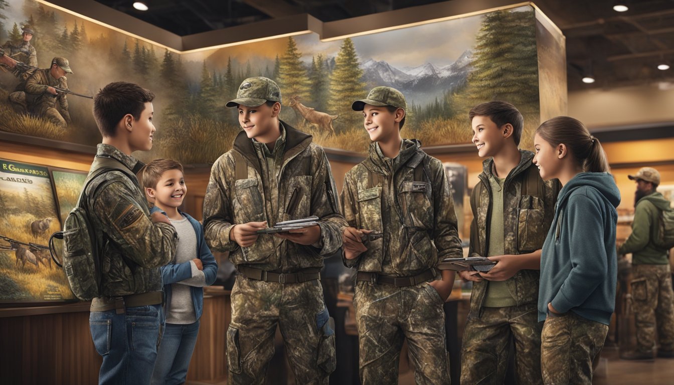 A group of young hunters in camouflage clothing gather around a display of exclusive offers and programs at Cabela's