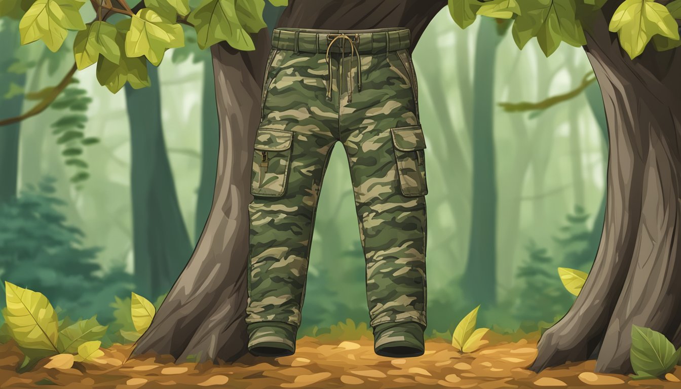 A pair of camouflage youth hunting pants hanging from a tree branch in a dense forest, blending seamlessly with the surrounding foliage