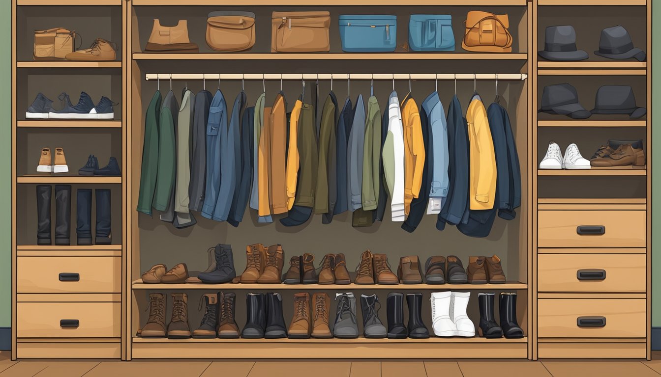 A young hunter's clothes neatly organized in a closet, with hunting boots, jackets, and pants displayed for easy access