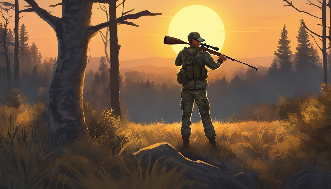 A young hunter in camo gear stands in a wooded area, holding a rifle and scanning the horizon for game. The sun sets behind them, casting a warm glow on the scene