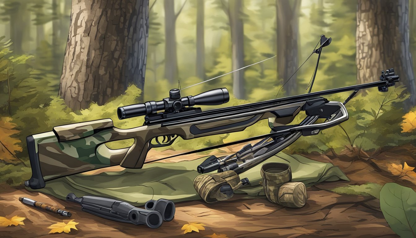 A crossbow, camouflage clothing, and hunting gear lay ready for a youth hunter in a wooded setting