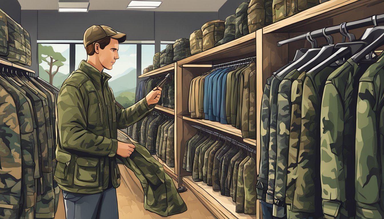 A hunter browsing through racks of discounted camouflage clothing at an outdoor store