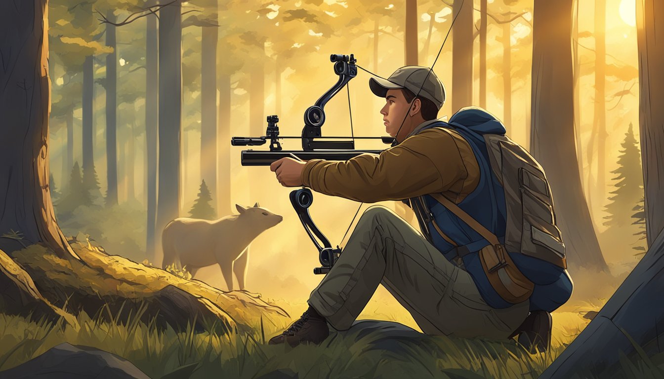 A young crossbow enthusiast carefully aims at a target in a forest clearing, surrounded by trees and wildlife. The sun casts a warm glow on the scene