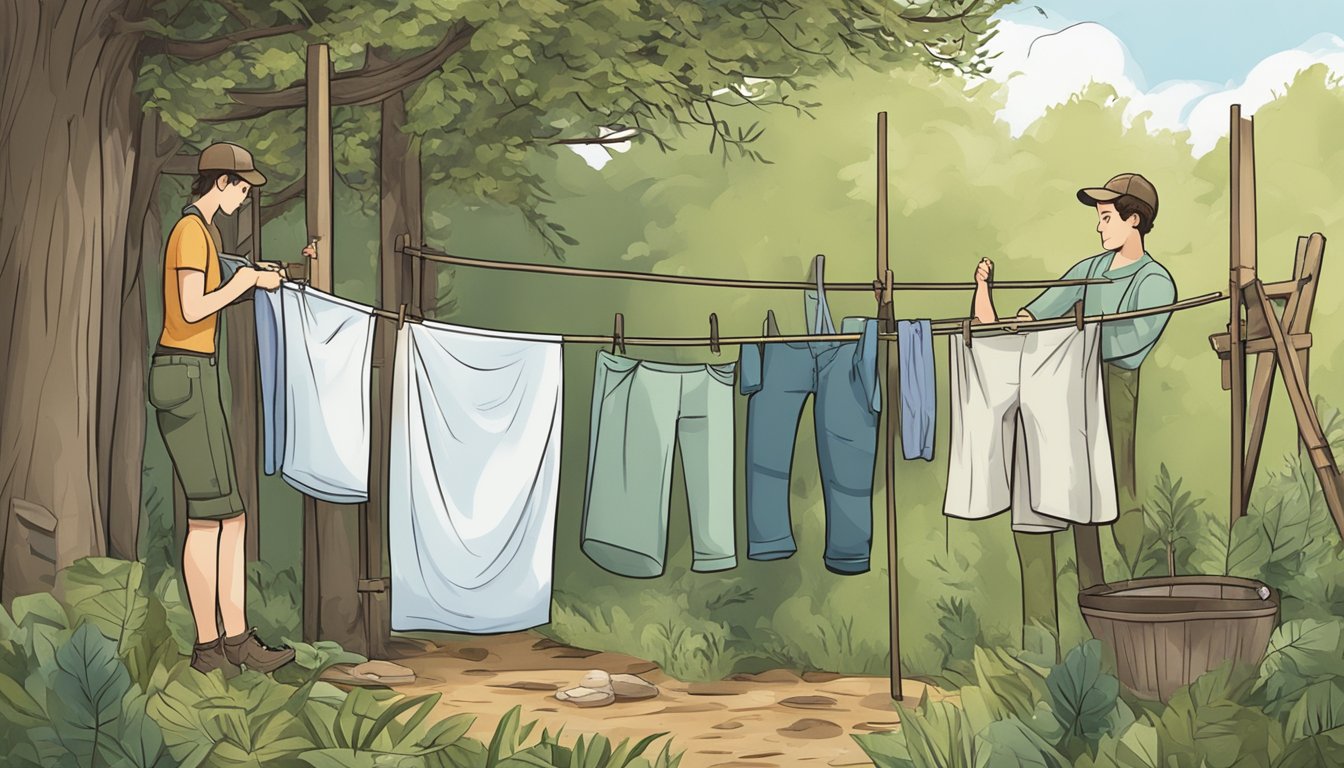 A young person carefully washing and hanging up their hunting clothes to dry