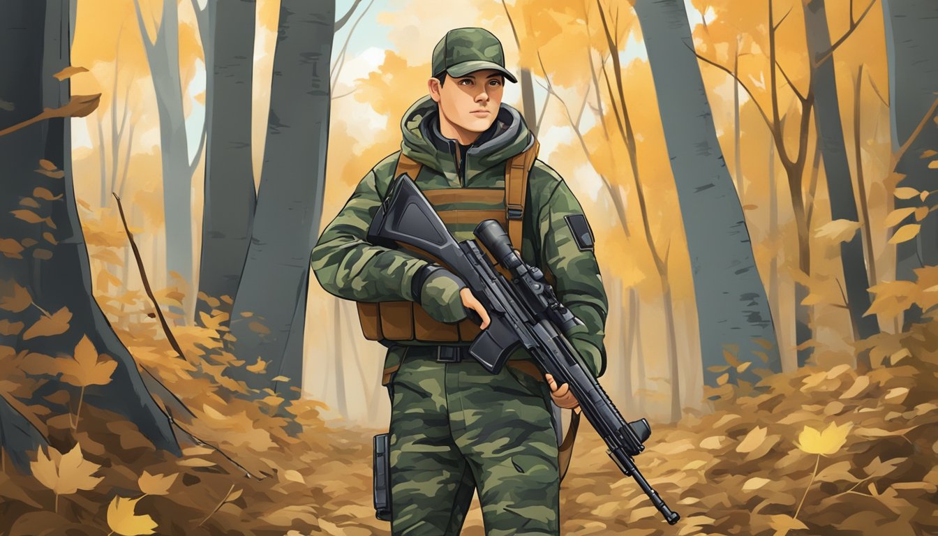 A young hunter in camouflage gear, holding a rifle, standing in a wooded area with leaves on the ground