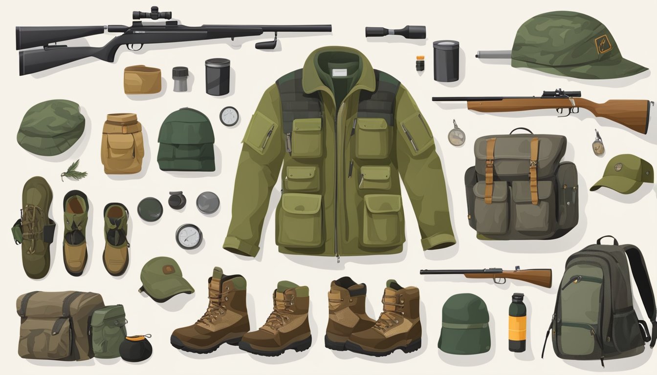 A young hunter's gear laid out: camo jacket, pants, boots, cap, gloves, binoculars, rifle, ammunition, and a hunting backpack