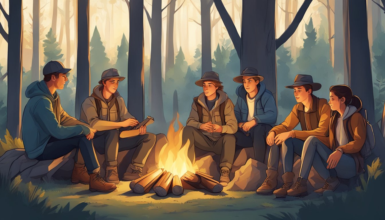 A group of young people and adults gather around a campfire in the woods, sharing stories and preparing for a hunting trip