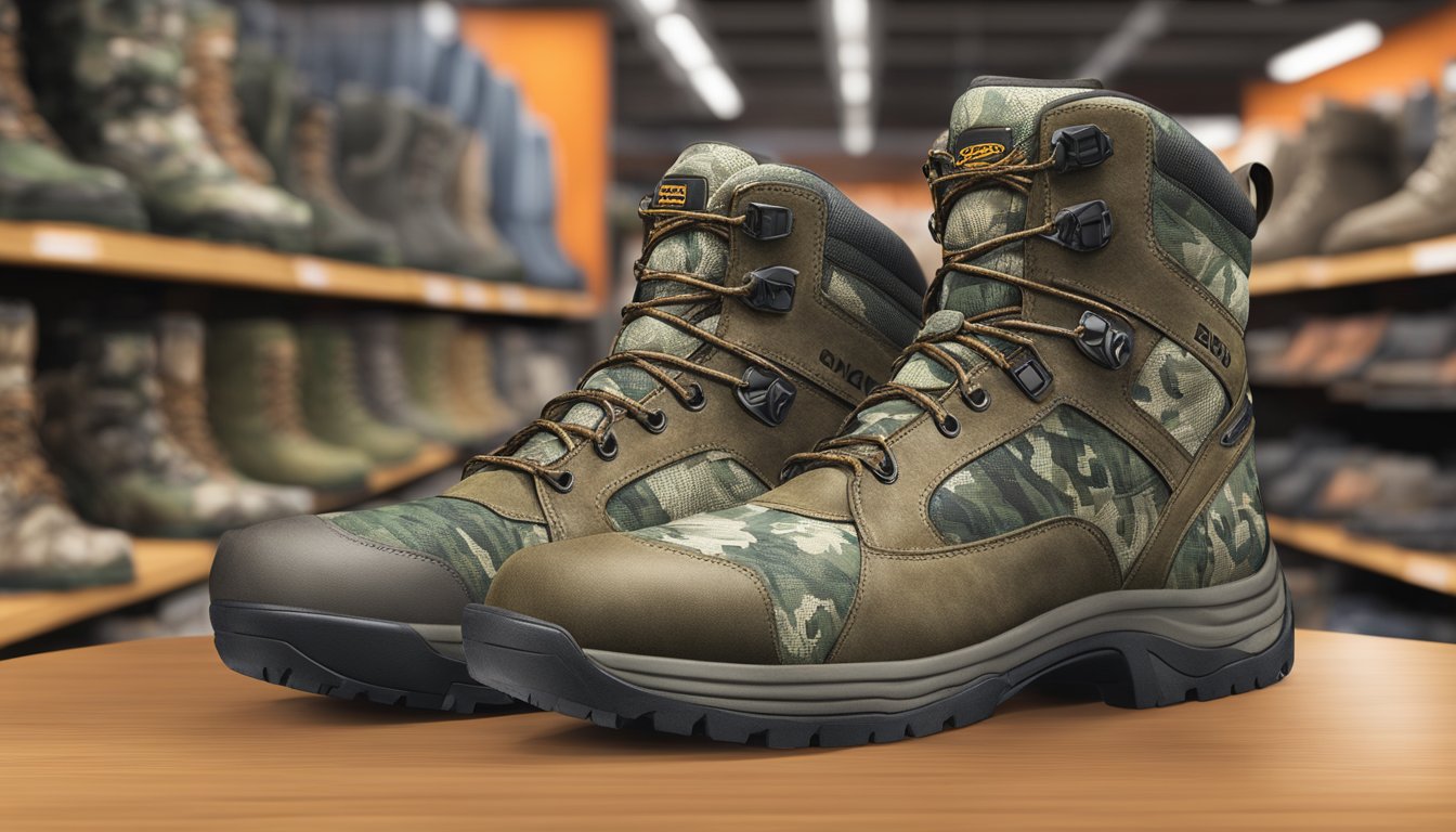 A pair of youth hunting boots and camouflage clothing displayed in a Dick's Sporting Goods store