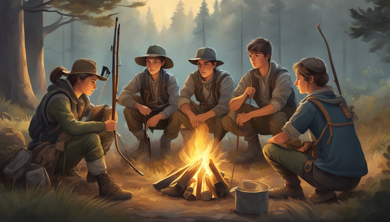 A group of young hunters gather around a campfire, cleaning their gear and practicing their marksmanship with bows and arrows