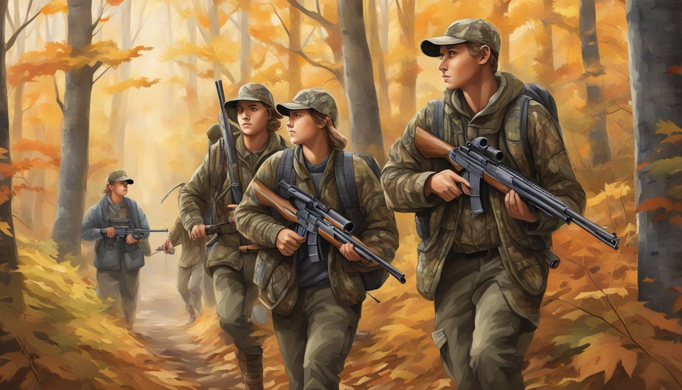 A group of young hunters dressed in camouflage gear, blending into the autumn foliage as they carry their hunting rifles through the woods