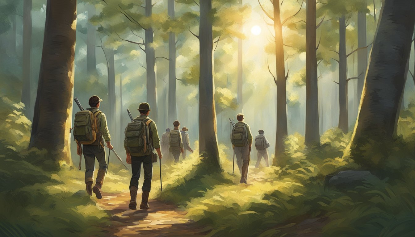 A group of young hunters trek through a dense forest, guided by a seasoned mentor. The sun filters through the trees, casting dappled light on the eager faces