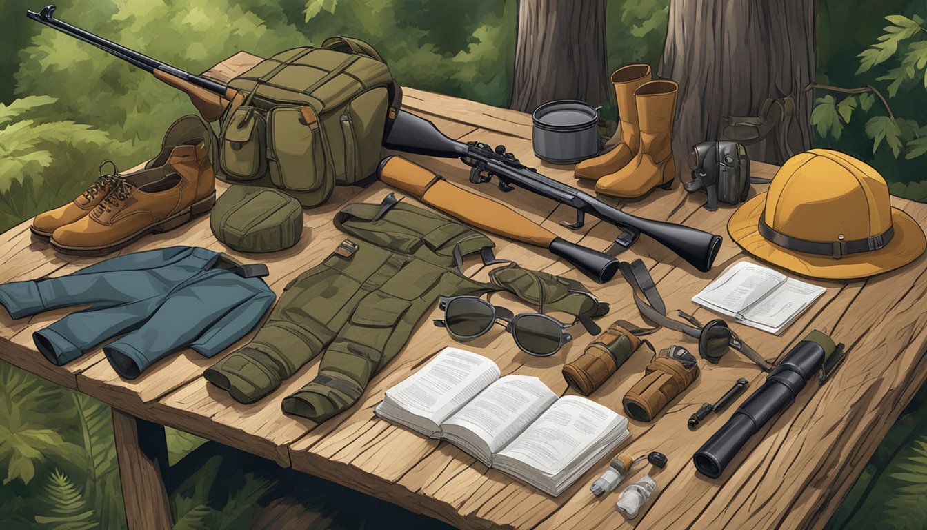 A youth hunting outfit laid out with gear on a rustic wooden table in a forest clearing