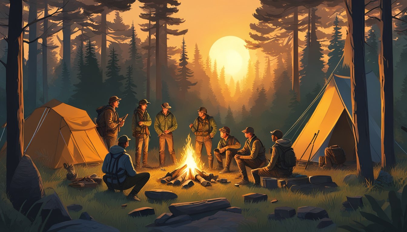 A group of young hunters gather around a campfire in a forest clearing, surrounded by tents and hunting gear. The sun sets behind the trees, casting a warm glow over the scene