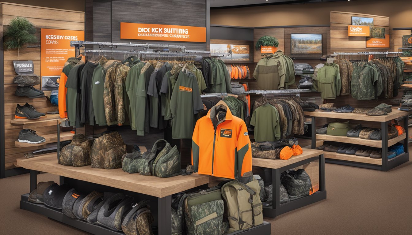 A display of youth hunting clothes with promotional signs at Dick's Sporting Goods