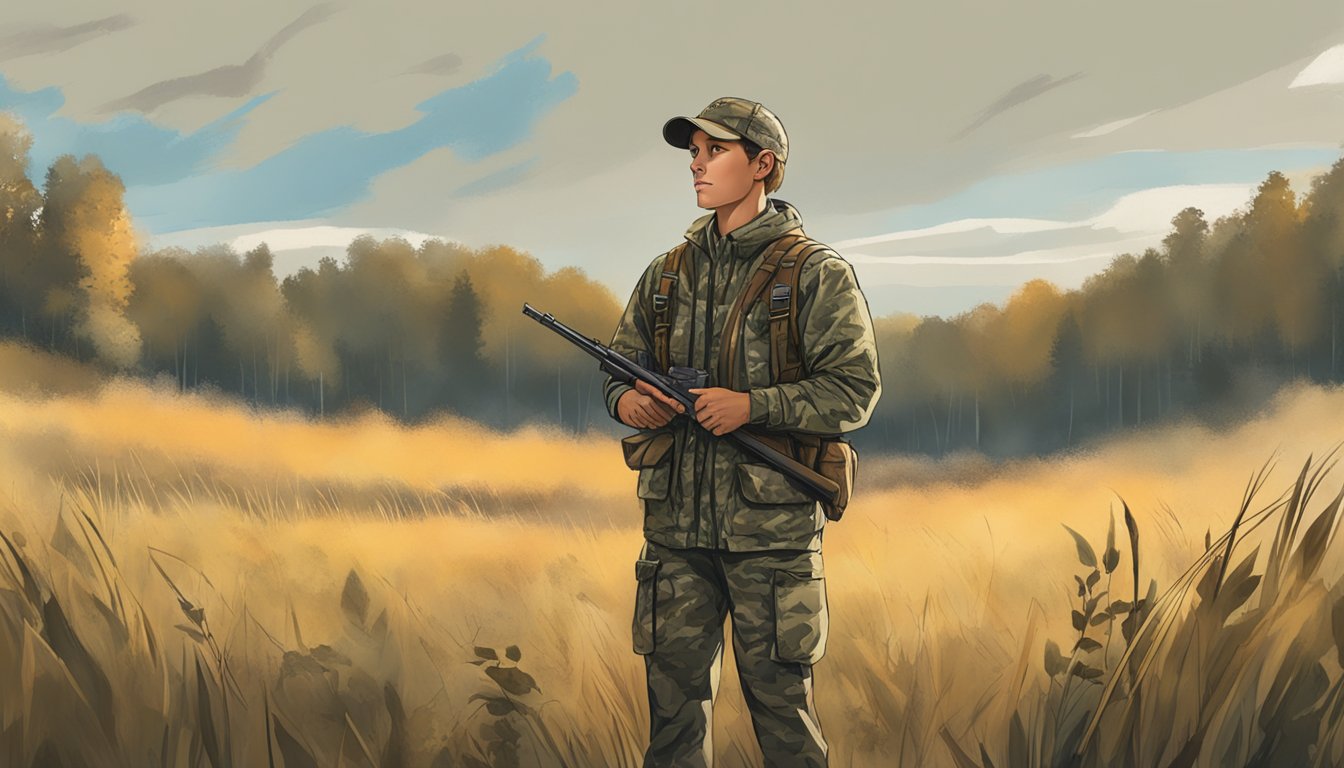 A young hunter stands in a field, wearing camouflage hunting clothes from Dick's Sporting Goods. They hold a safety manual and study it carefully