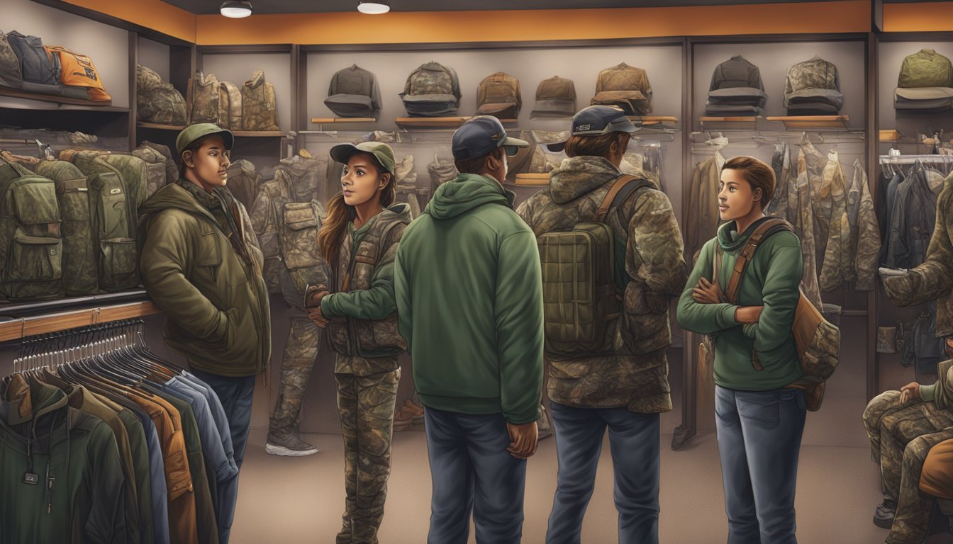 A group of young hunters gather around a display of hunting clothes at Dick's Sporting Goods, seeking community and support