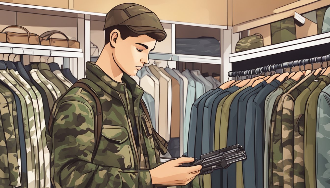 A young hunter in camo gear examines discounted hunting clothes in a store