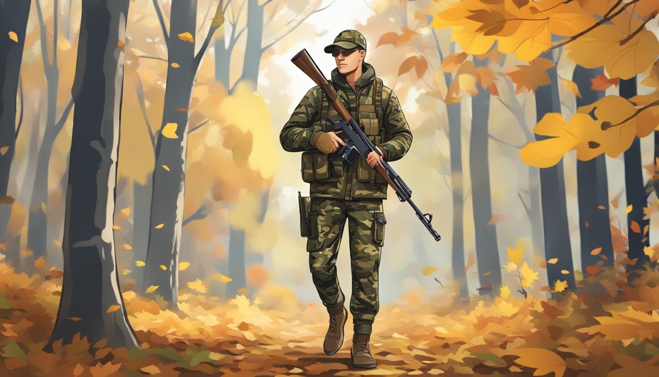 A young hunter in camouflage clothing, holding a rifle, walking through a forest with autumn leaves on the ground