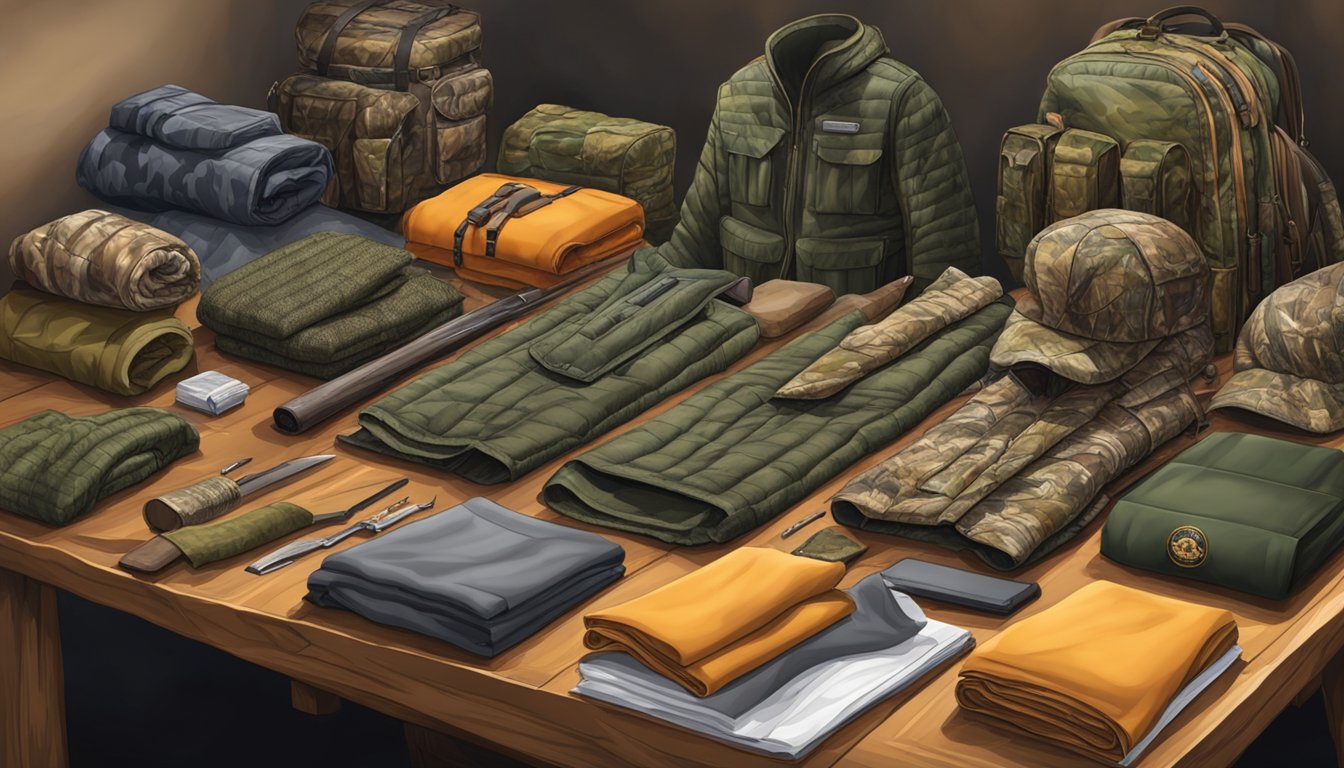 A table displays various hunting clothes and materials, including camouflage patterns, waterproof fabrics, and insulated layers