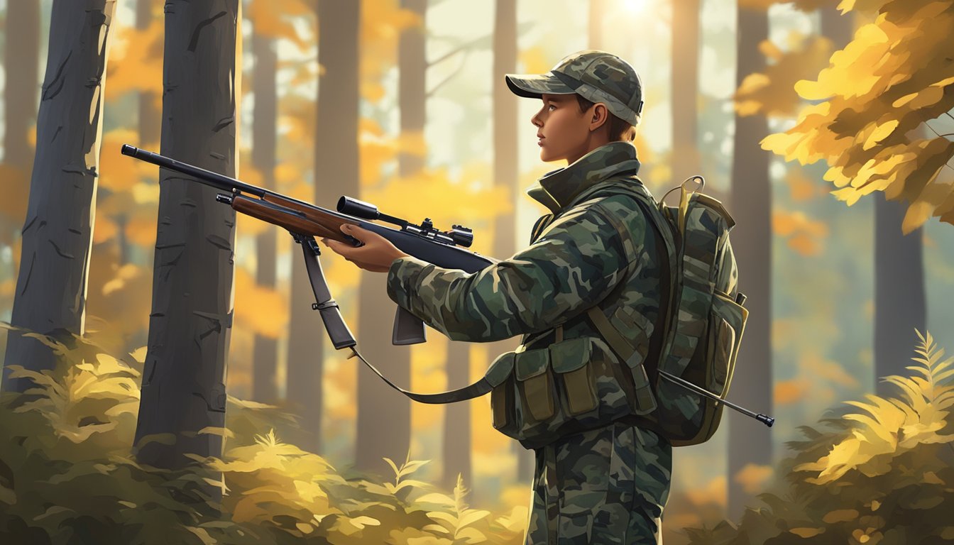 A young hunter in camouflage gear stands in a wooded area, holding a rifle and scanning the horizon. The sun filters through the trees, casting dappled light on the forest floor