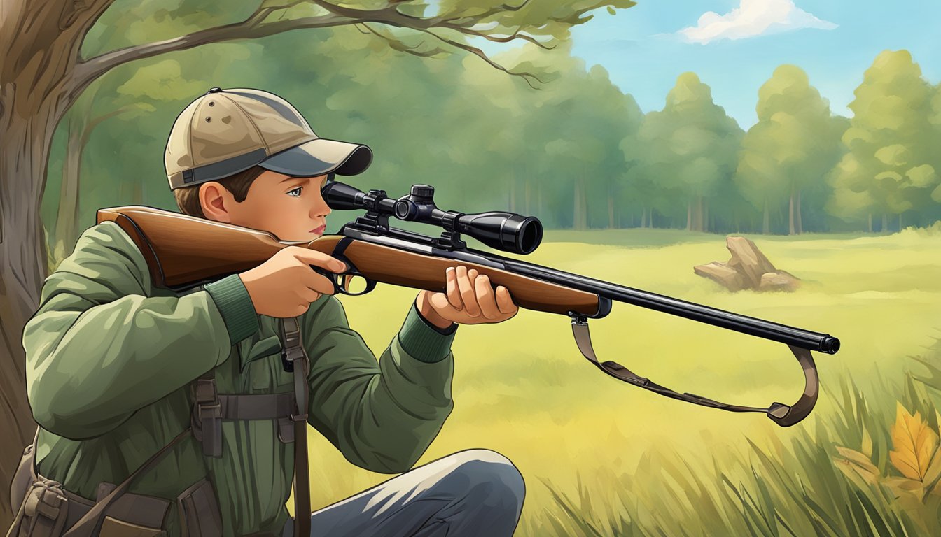 A young hunter holding a custom youth hunting rifle, aiming at a target in a wooded area on a sunny day