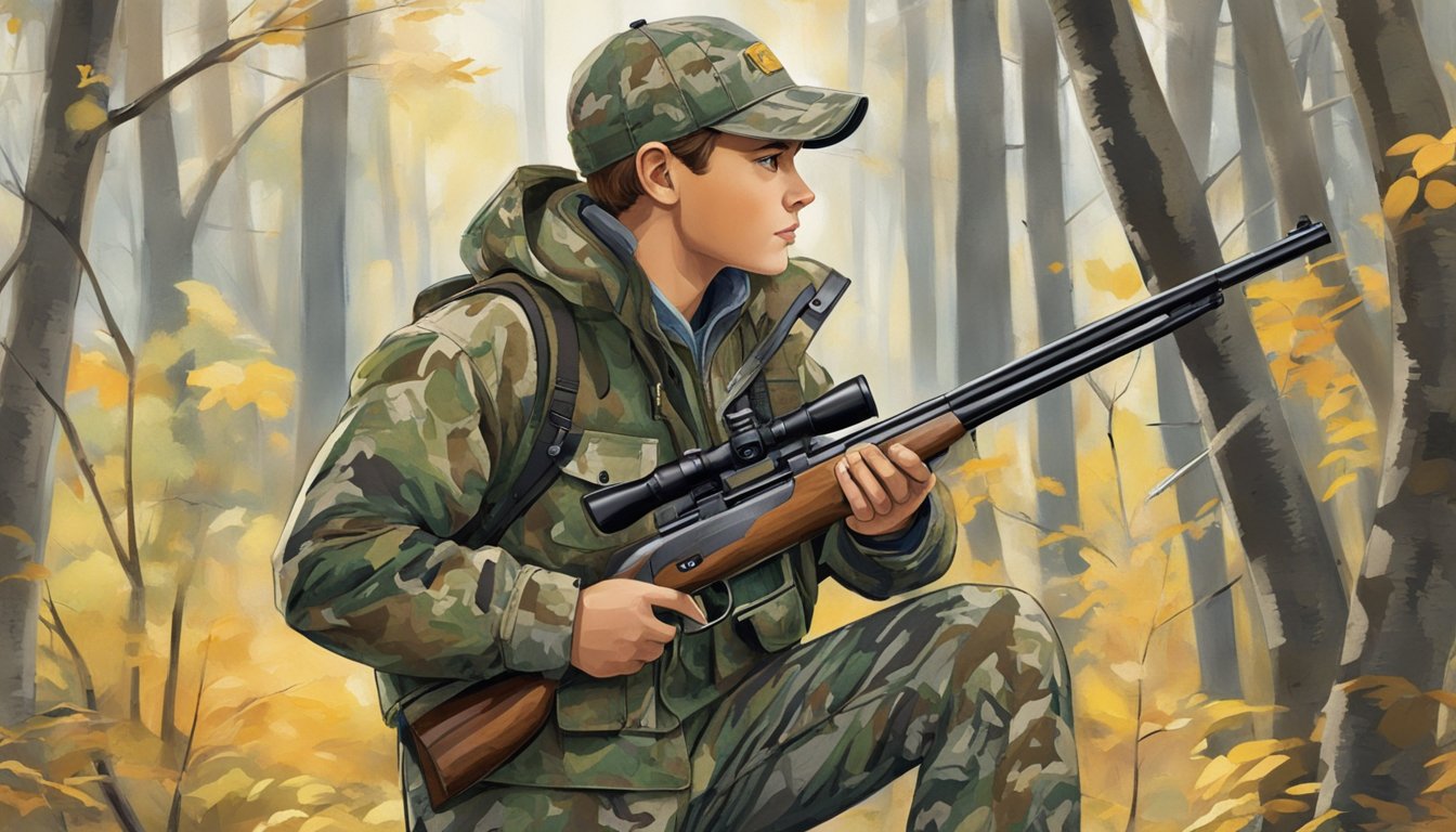 A young hunter wearing Dunham's youth hunting clothes, standing in a forest with a camouflage jacket and pants, holding a rifle