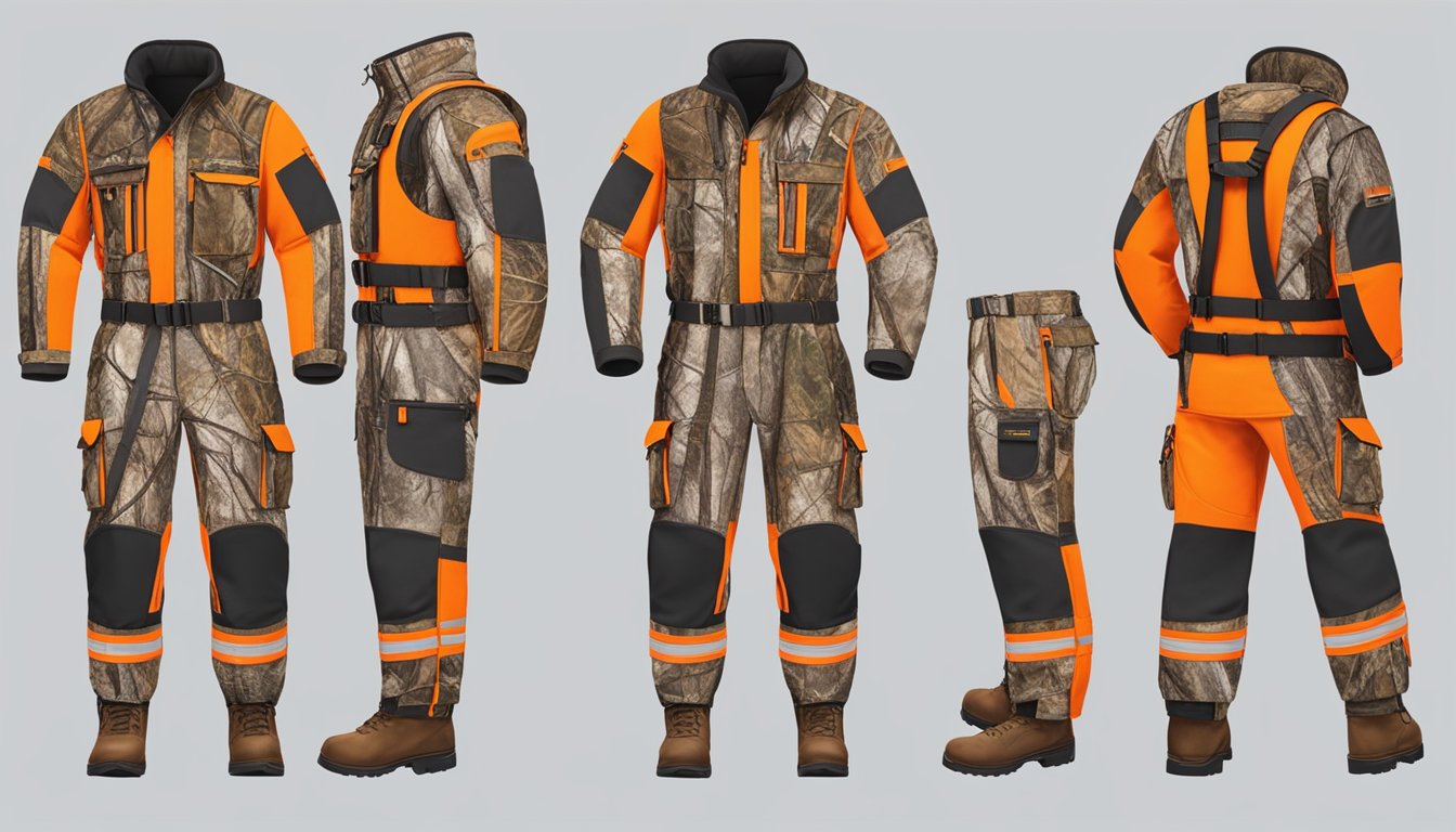 A group of youth hunting clothes displayed with reinforced stitching, blaze orange accents, and adjustable straps for safety and comfort