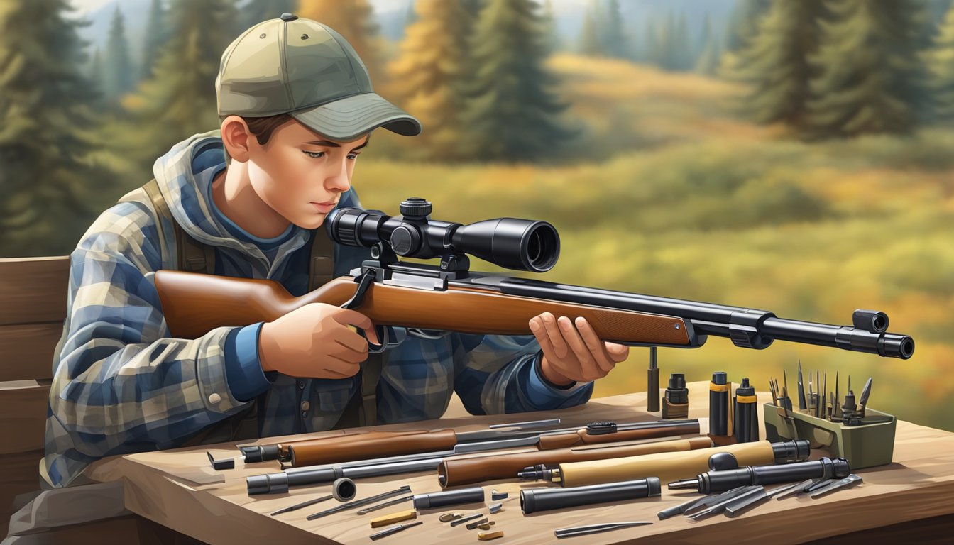 A young hunter carefully assembles and customizes their youth rifle with precision tools and parts