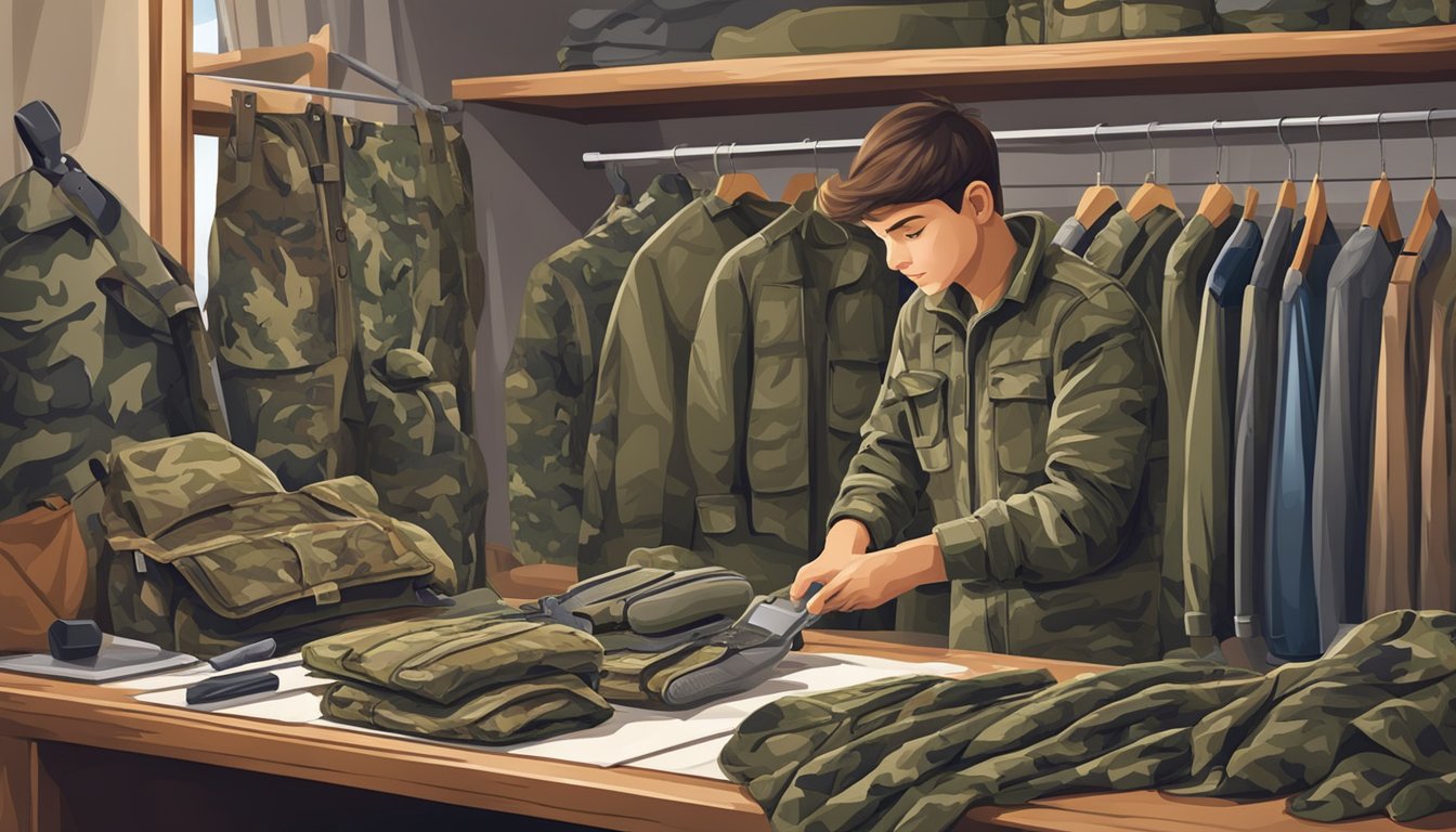 A young person carefully organizing and cleaning a selection of camouflage hunting clothes, preparing for a hunting trip