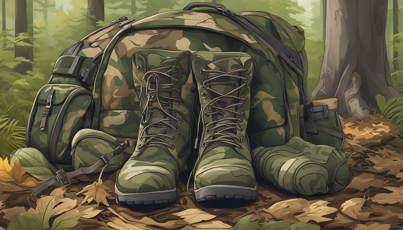 A pair of youth hunting boots and a camo backpack lay on the forest floor next to a pile of camouflage clothing