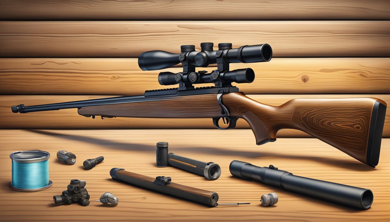 A custom youth hunting rifle with additional accessories and enhancements displayed on a wooden table in a hunting cabin