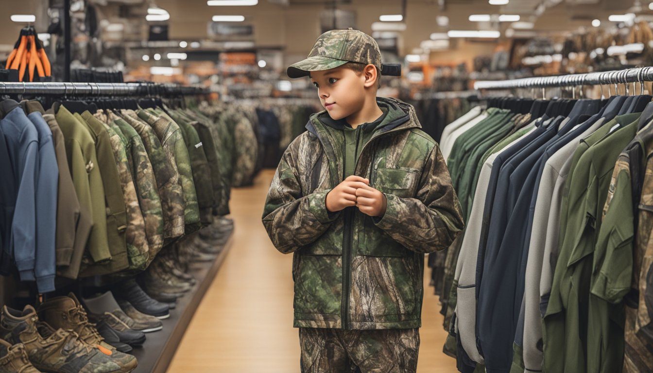 A young hunter in camouflage gear examines a display of specialty hunting clothes at Dunham's Sports