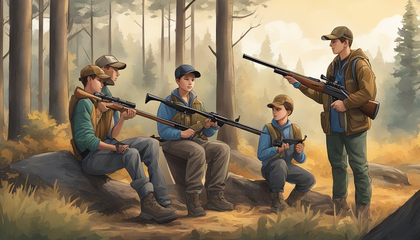 A group of young hunters receiving safety and education training with custom youth hunting rifles in a wooded area