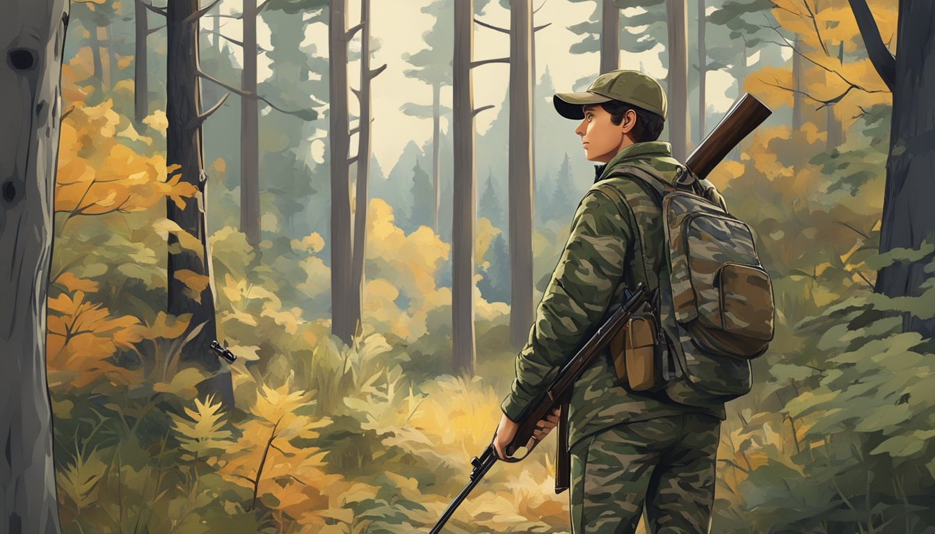 A young hunter stands in a forest, wearing camouflage hunting clothes from Dunham's. They hold a rifle and look out at the surrounding wilderness