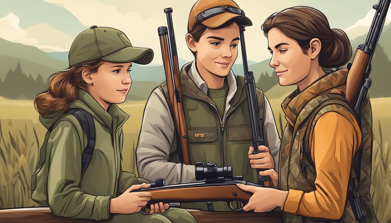 A young hunter receiving personalized guidance on a custom youth hunting rifle from a customer service representative