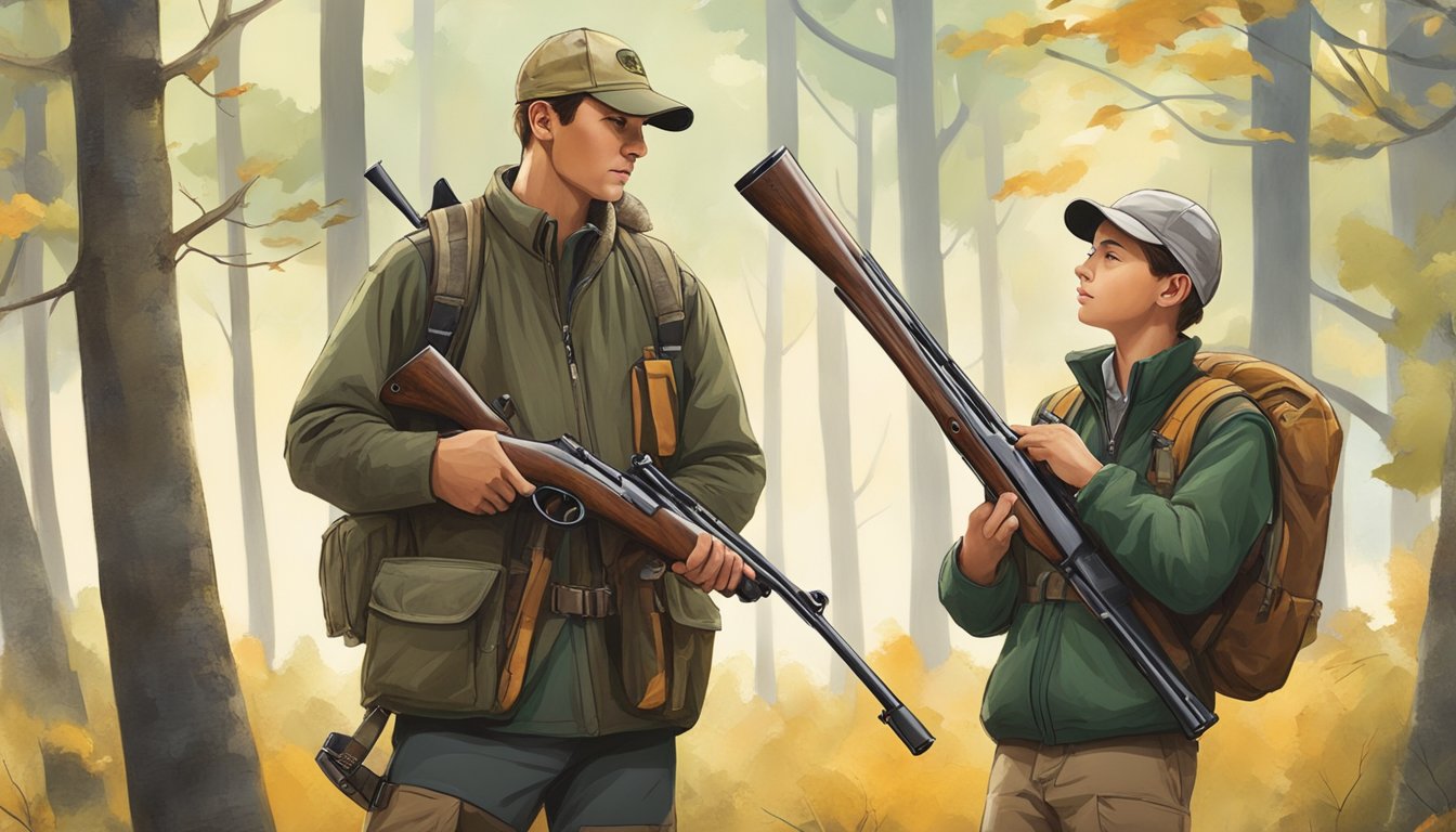 A young hunter wearing Dunham's youth hunting clothes, holding a firearm, with an adult mentor teaching safety and education in a forest clearing