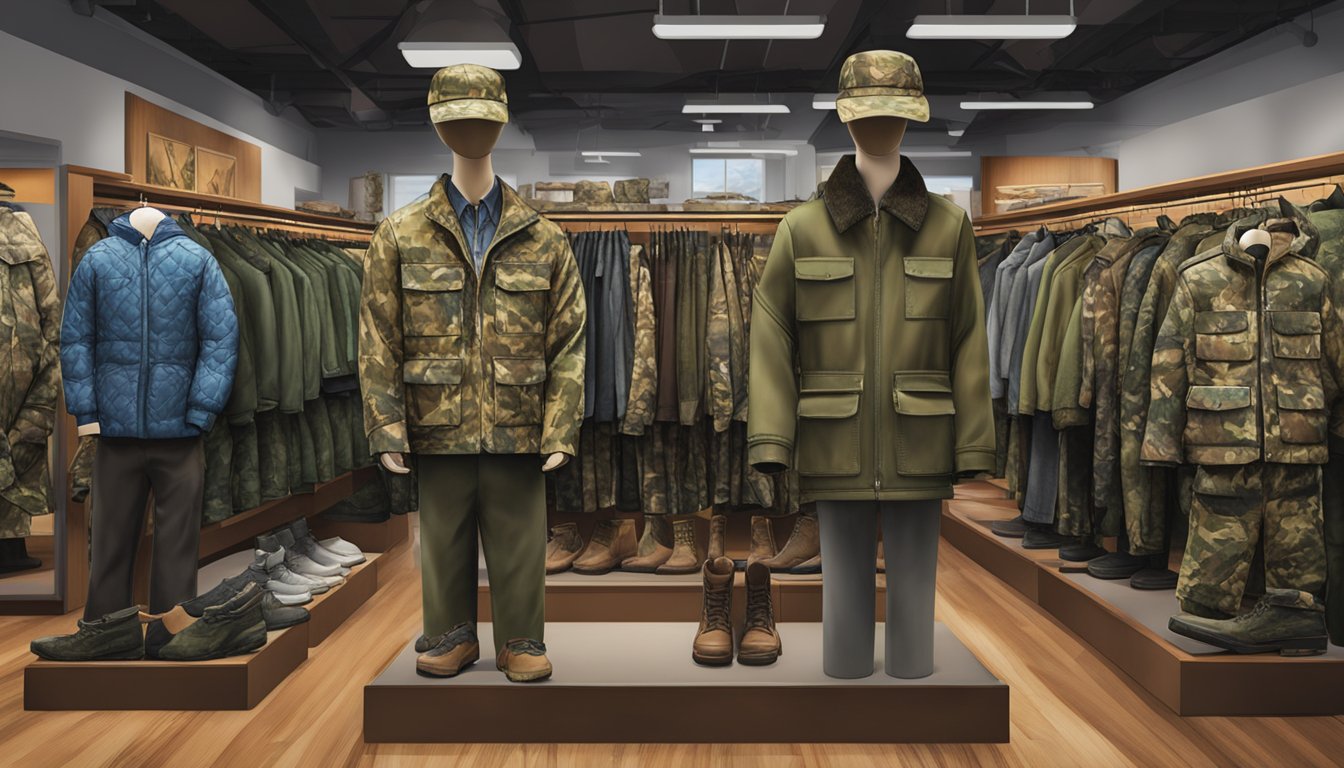 A display of youth hunting clothes at Dunham's, featuring camouflage jackets, pants, and hats