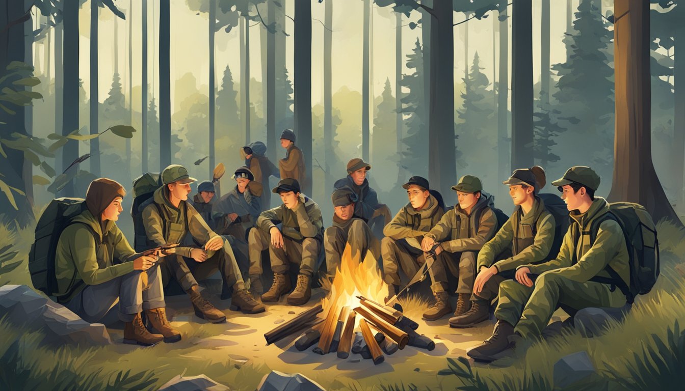 A group of young people in camouflage hunting gear, gathered around a campfire in a forest clearing, with tents and hunting equipment scattered around