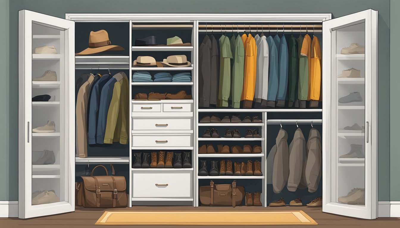 A closet filled with neatly hung and folded youth hunting clothes, with shelves stocked with boots, hats, and other hunting accessories