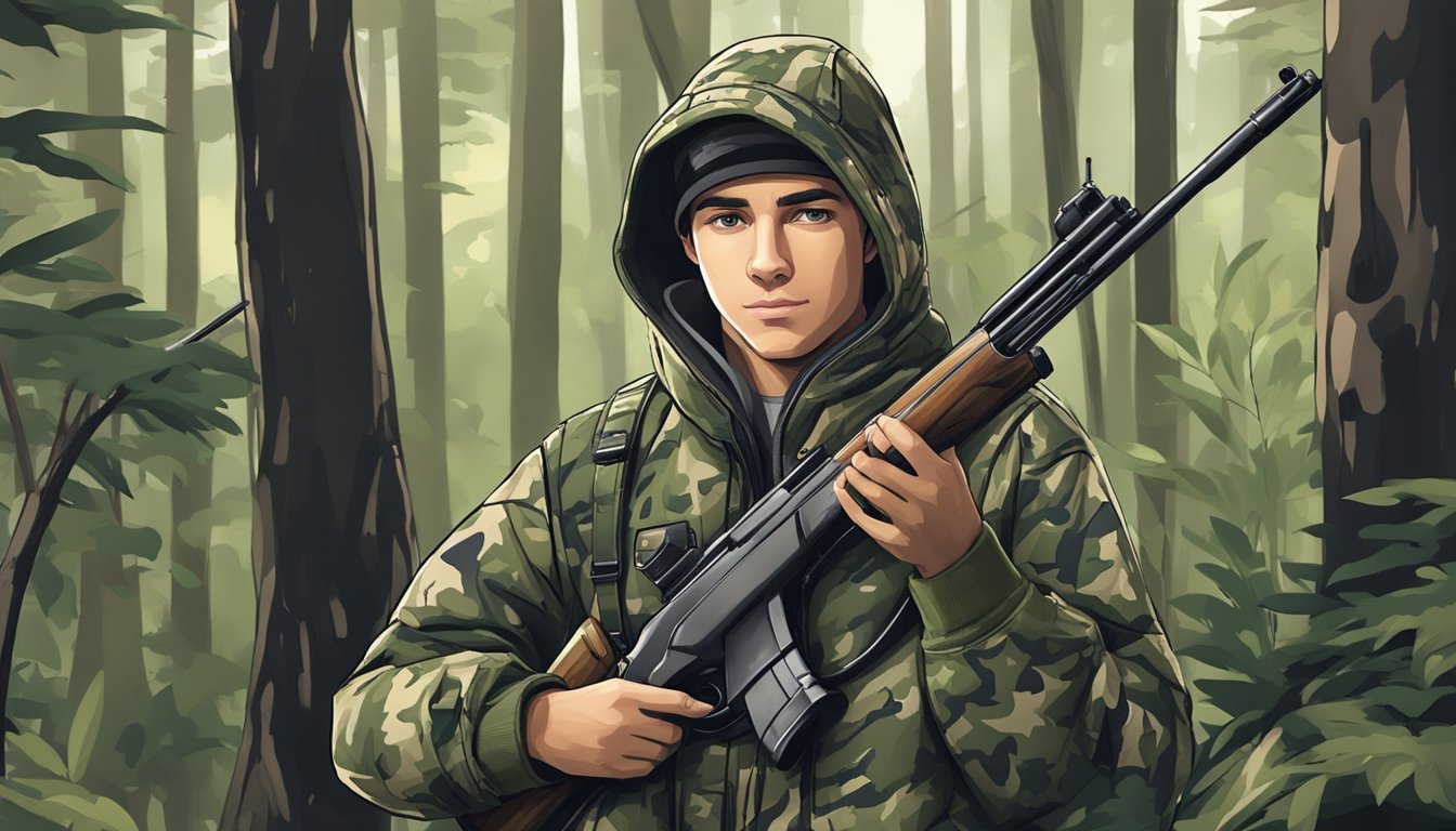 A young hunter wearing a camouflage jacket with pockets and a hood, holding a rifle in a forest setting