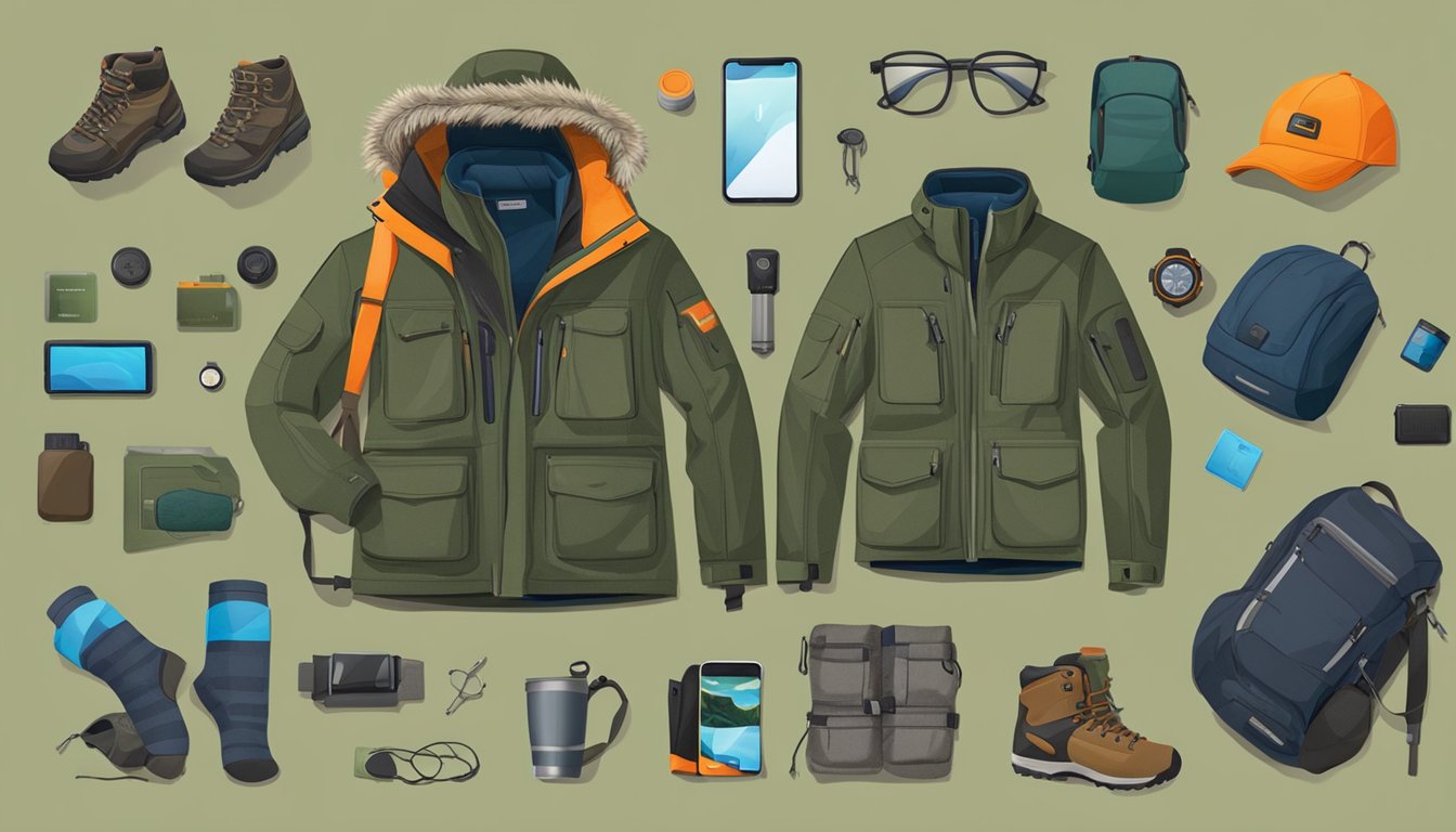 A youth hunting jacket surrounded by high-tech gear and outdoor equipment