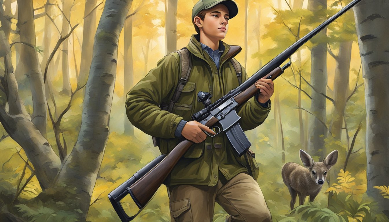 A young hunter wearing Dunham's youth hunting clothes, holding a rifle, surrounded by trees and wildlife