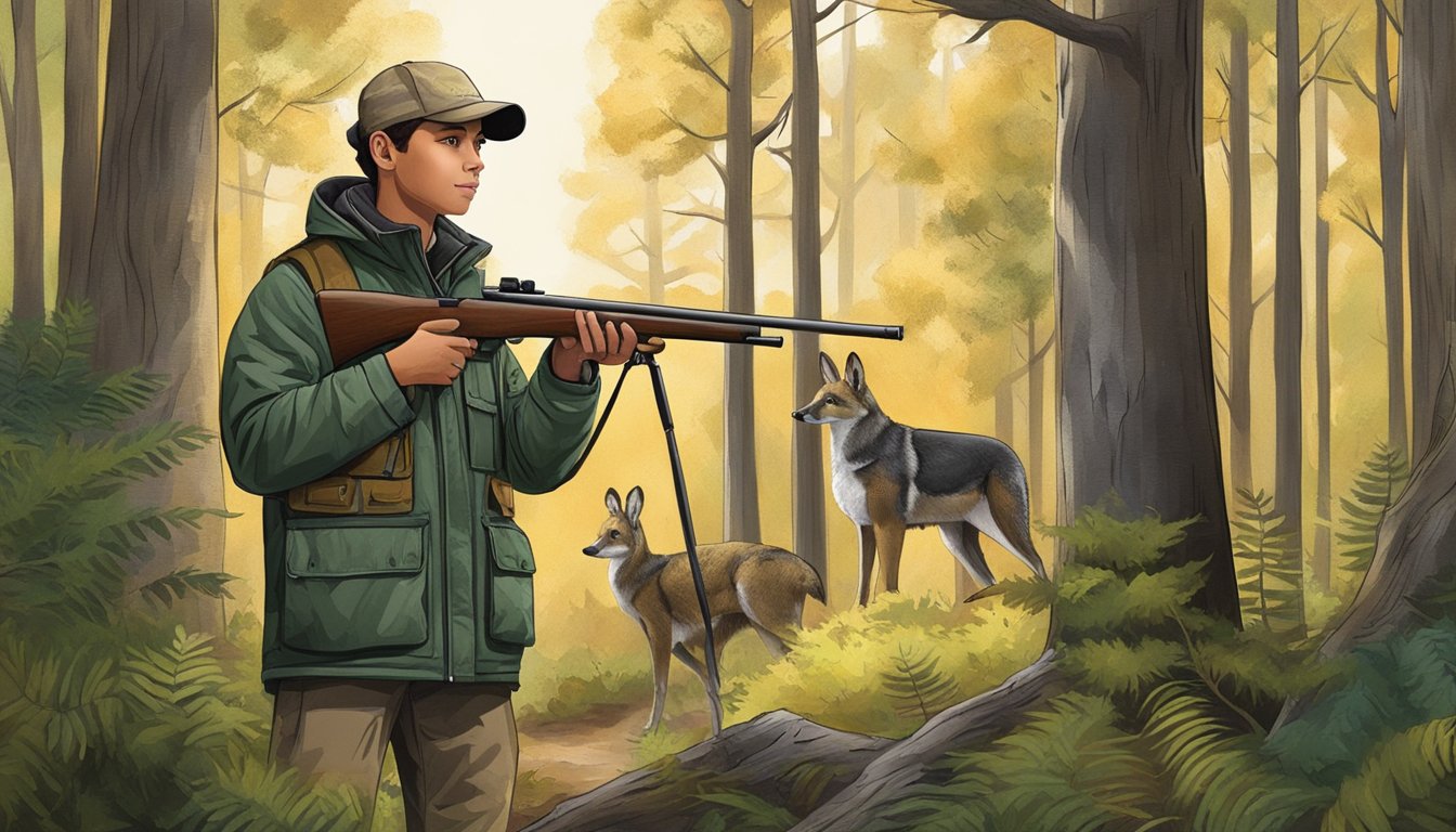 A youth wearing a Drake youth hunting jacket, standing in a forest with a rifle and binoculars, surrounded by trees and wildlife