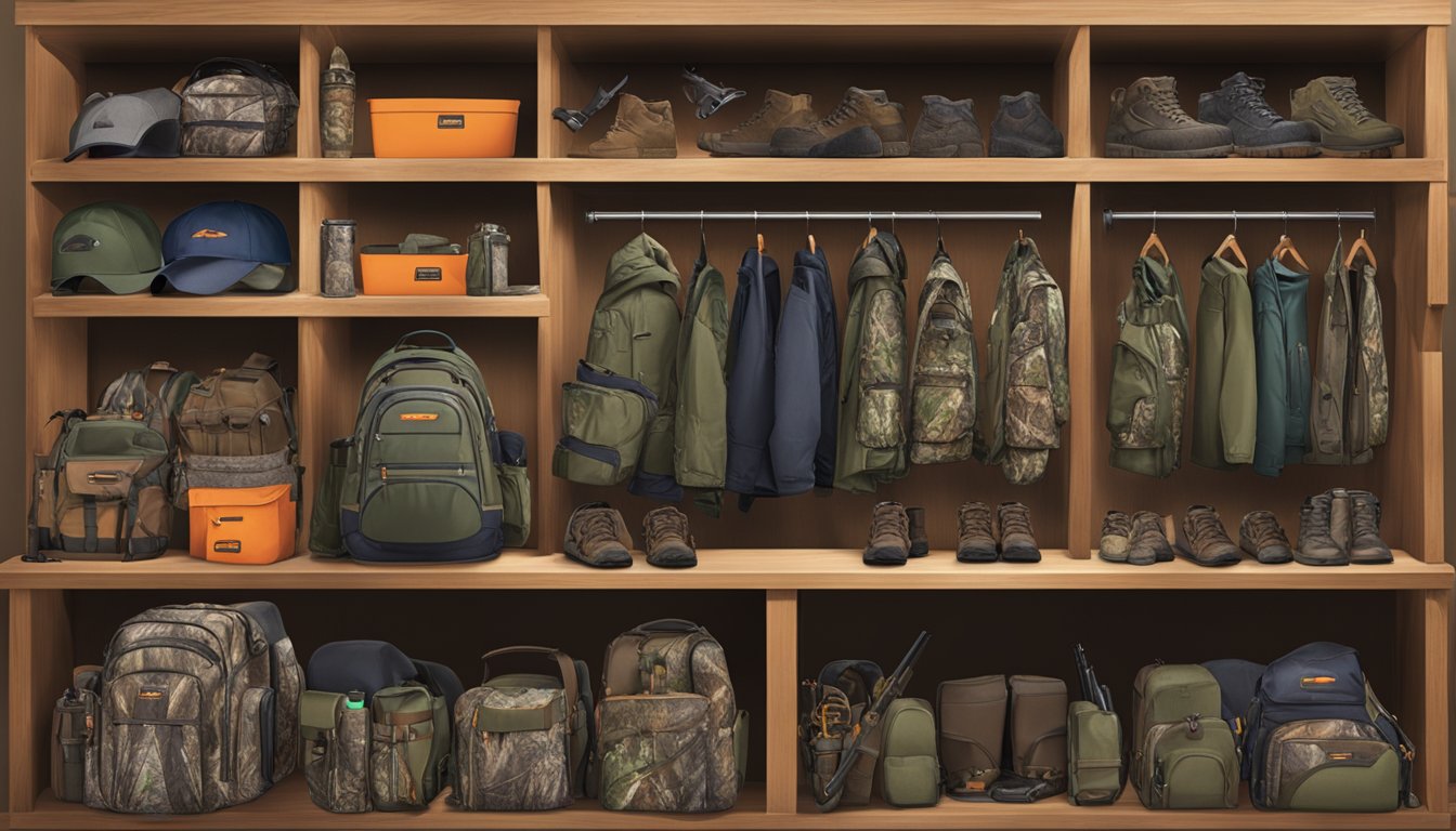 A display of youth hunting accessories at Fleet Farm, including clothes and gear for young hunters