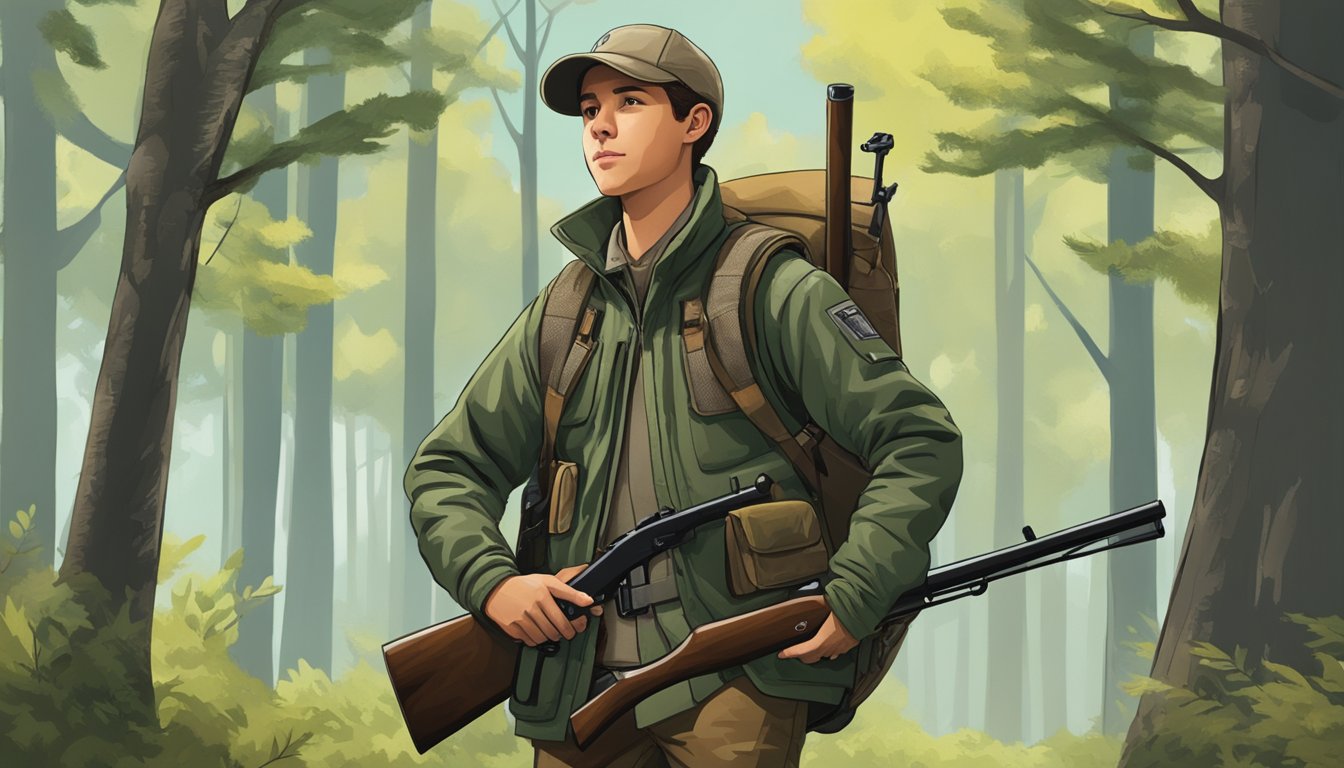 A young hunter wearing a Drake youth hunting jacket stands in a forest clearing, surrounded by trees and holding a rifle