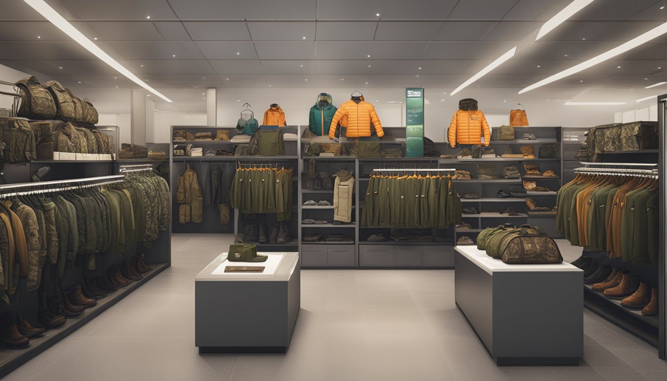 A group of youth hunting clothes displayed in a well-lit store section, with safety and education signage visible