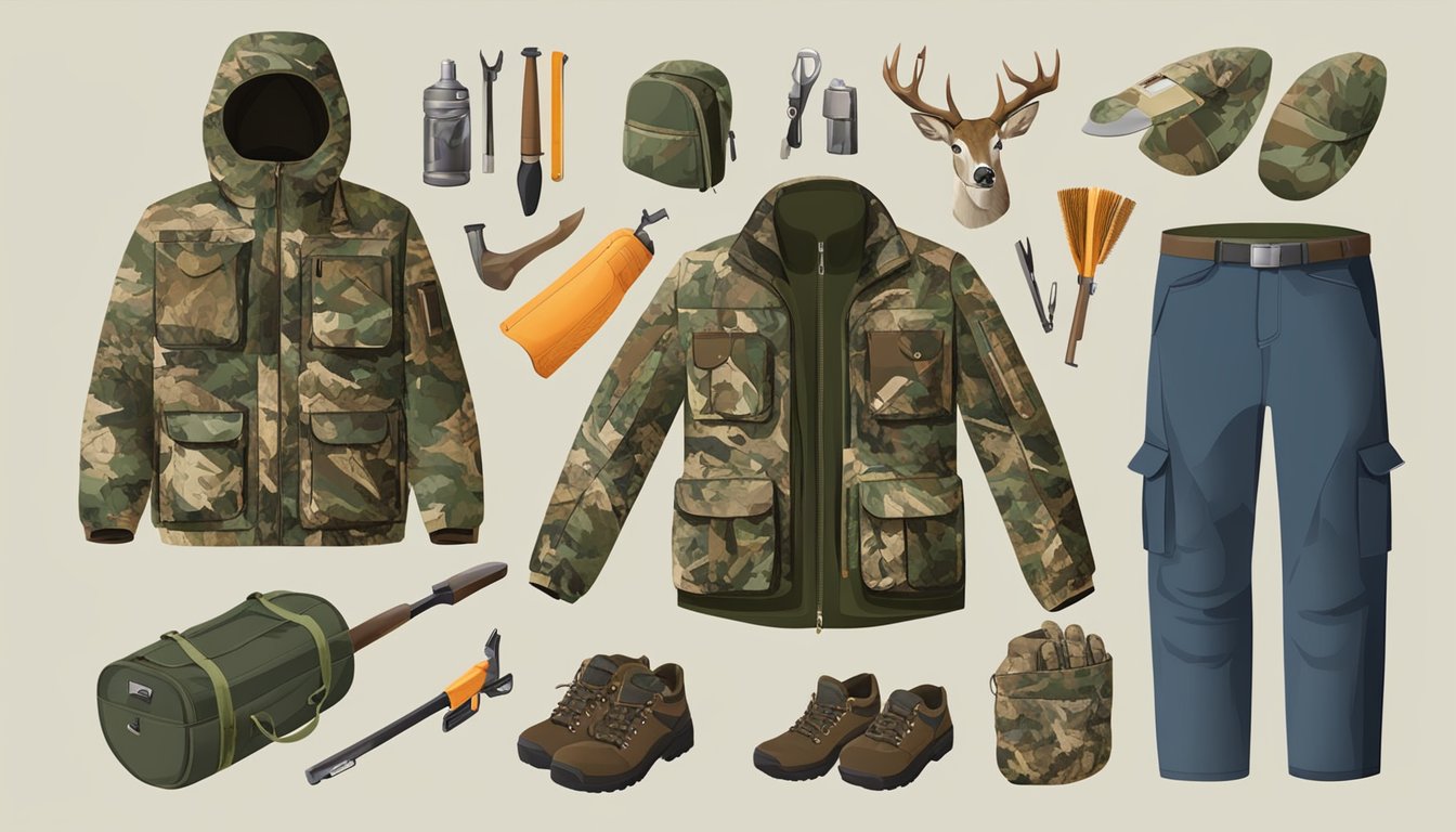 A camouflaged youth hunting jacket surrounded by various hunting accessories and storage options